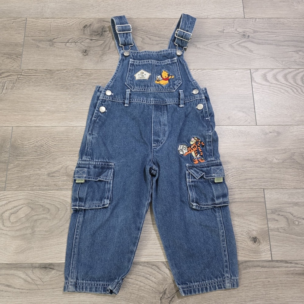 Vintage 90s Kids Winnie The Pooh Navy Blue Overalls Size 2T Embroidered